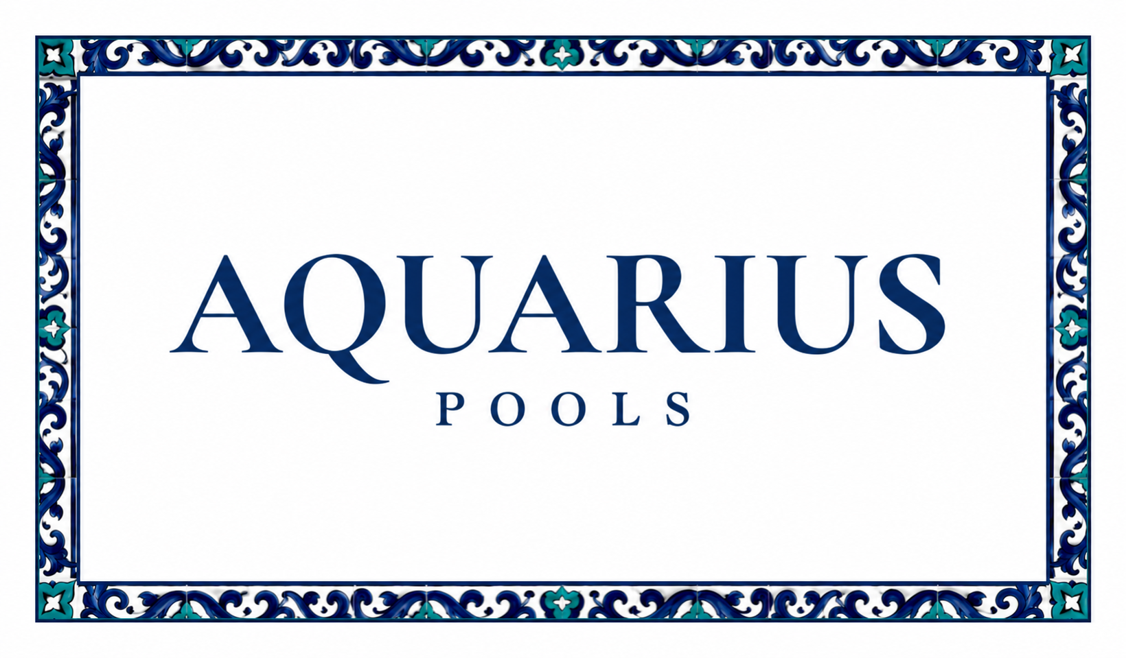 Aquarius Pools, centered inside a blue Spanish tile border
