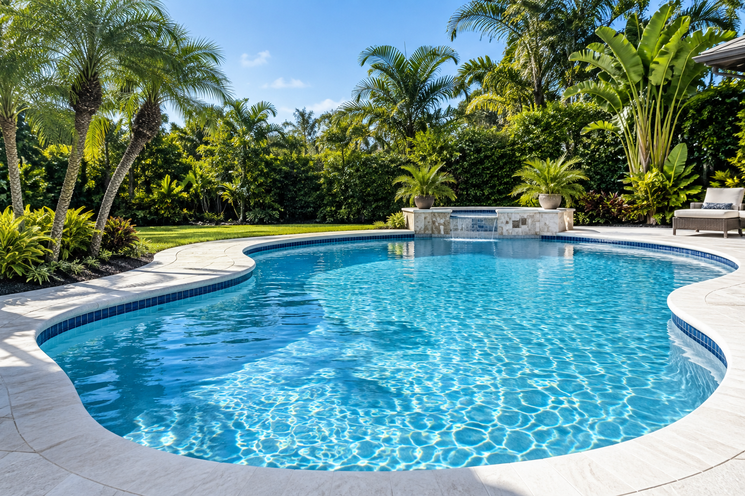 Sunlit blue swimming pool with curved white coping and lush greenery